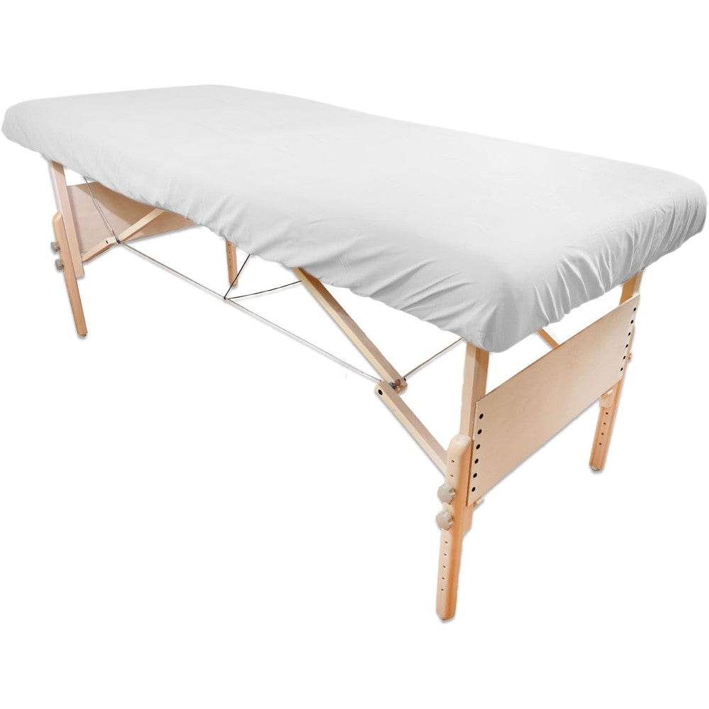 Body Linen Simplicity Poly Cotton Massage Table Fitted Sheet front view on a treatment table