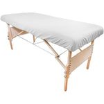 Body Linen Simplicity Poly Cotton Massage Table Fitted Sheet front view on a treatment table