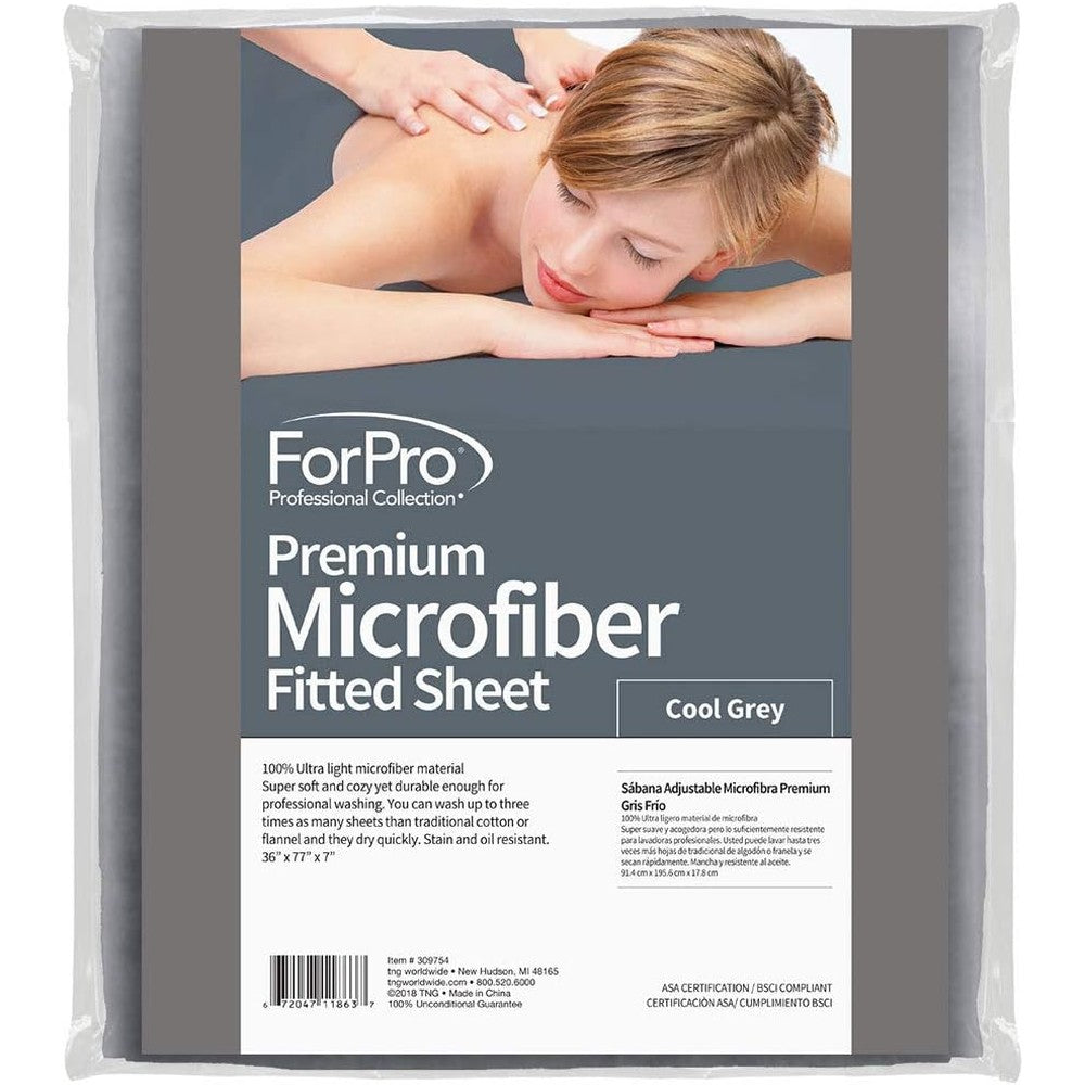 ForPro Professional Collection premium microfiber massage fitted sheet in cool grey shown on a standard massage table.
