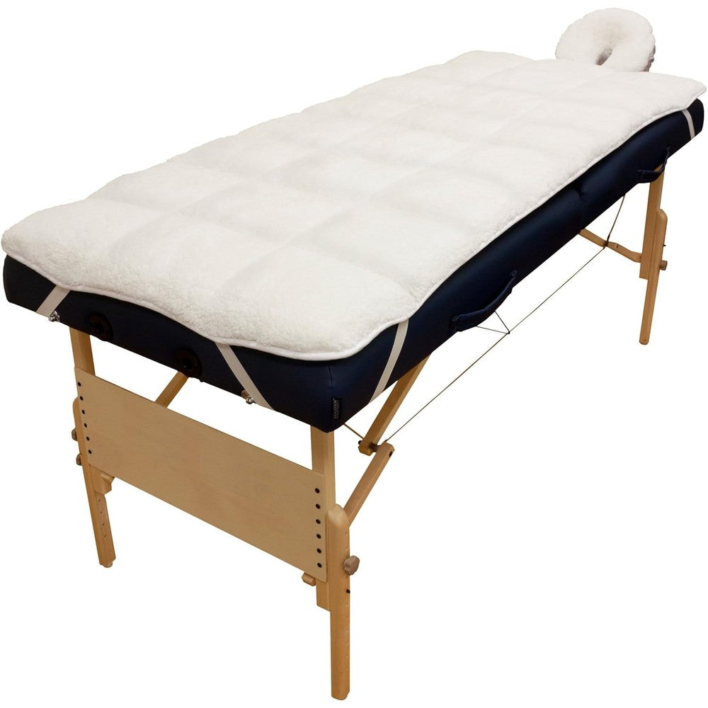 Body Linen Abundance Deluxe Quilted Fleece Massage Table Pad Set front view highlighting the white plush quilted texture.