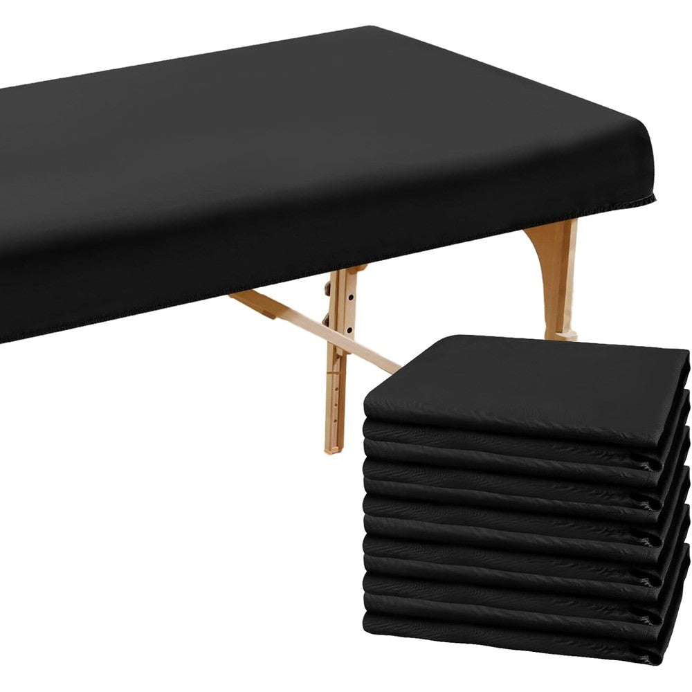 Macarrie microfiber massage table sheets front view pack of six black covers neatly stacked.