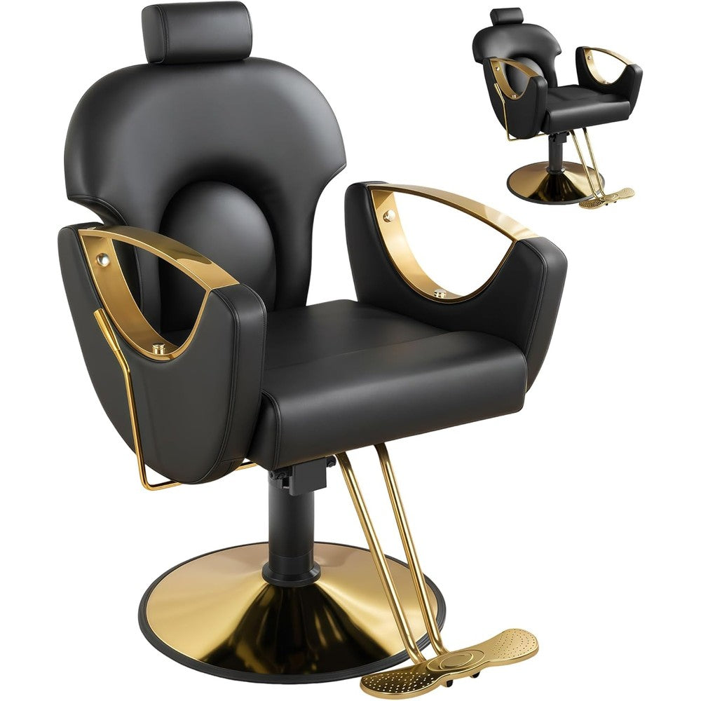 Dangvivi barber salon chair front view showing black leather styling seat with gold accents