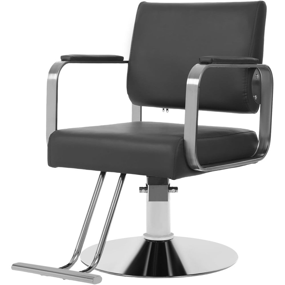 Marsyyds barber salon chair front view showcasing premium black faux leather cushion and silver hydraulic base