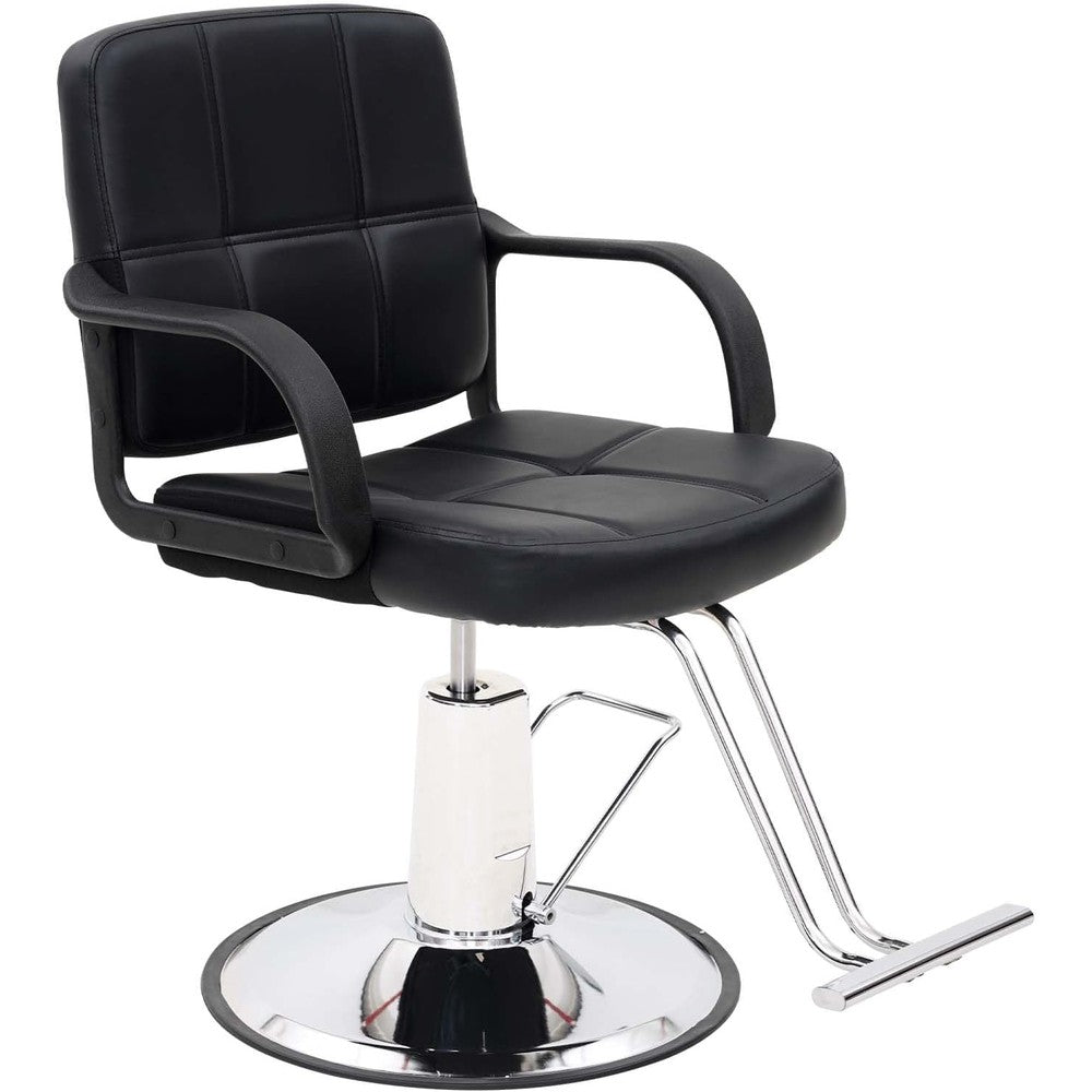 OmySalon Vantic salon chair front view showing black tufted leatherette seat and chrome hydraulic base