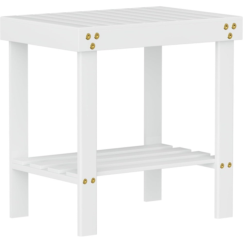 Glavbiku bamboo shower bench front view with storage shelf