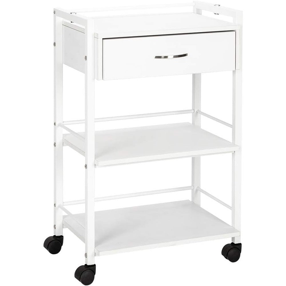 Salon Trolley Cart with Wheels, Wooden Rolling Storage Station, Mobile Utility Cabinet with 1 Drawer 2 Trays, Medical Esthetic Supply for Beauty SPA Massage Tattoo Facials, White