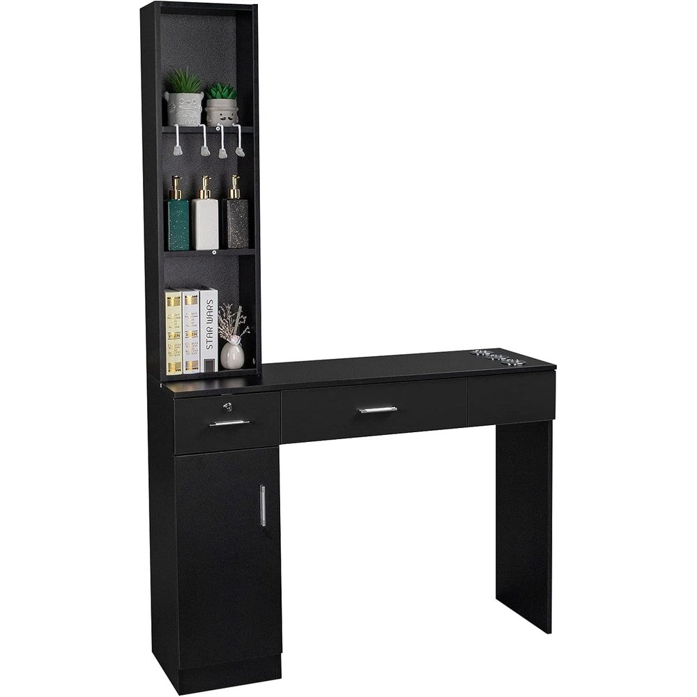 Salon Stations for Hair Stylist, Locking Barber Station Organizer, Wall Mount Hair Styling Equipment with 2 Drawers, 1 Storage Cabinet, 3 Open Shelves, for Beauty Spa Bedroom Hairdresser, Black