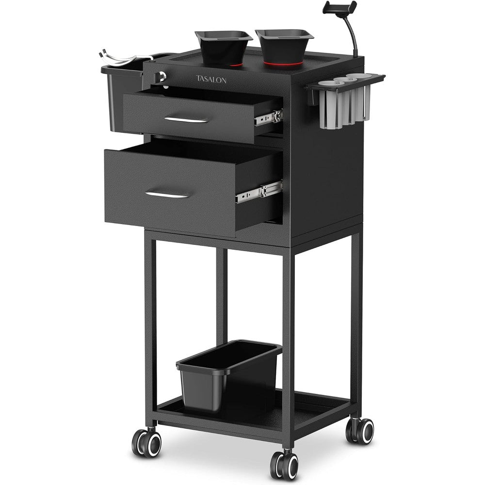 TASALON Salon Trolley Cart with Wheels, 2 Magnetic Bowls & Drawers | Mobile Hair Stylist Station for Tools Storage, Rolling Organizer Cart for Barber & Tattoo Supplies - Balck