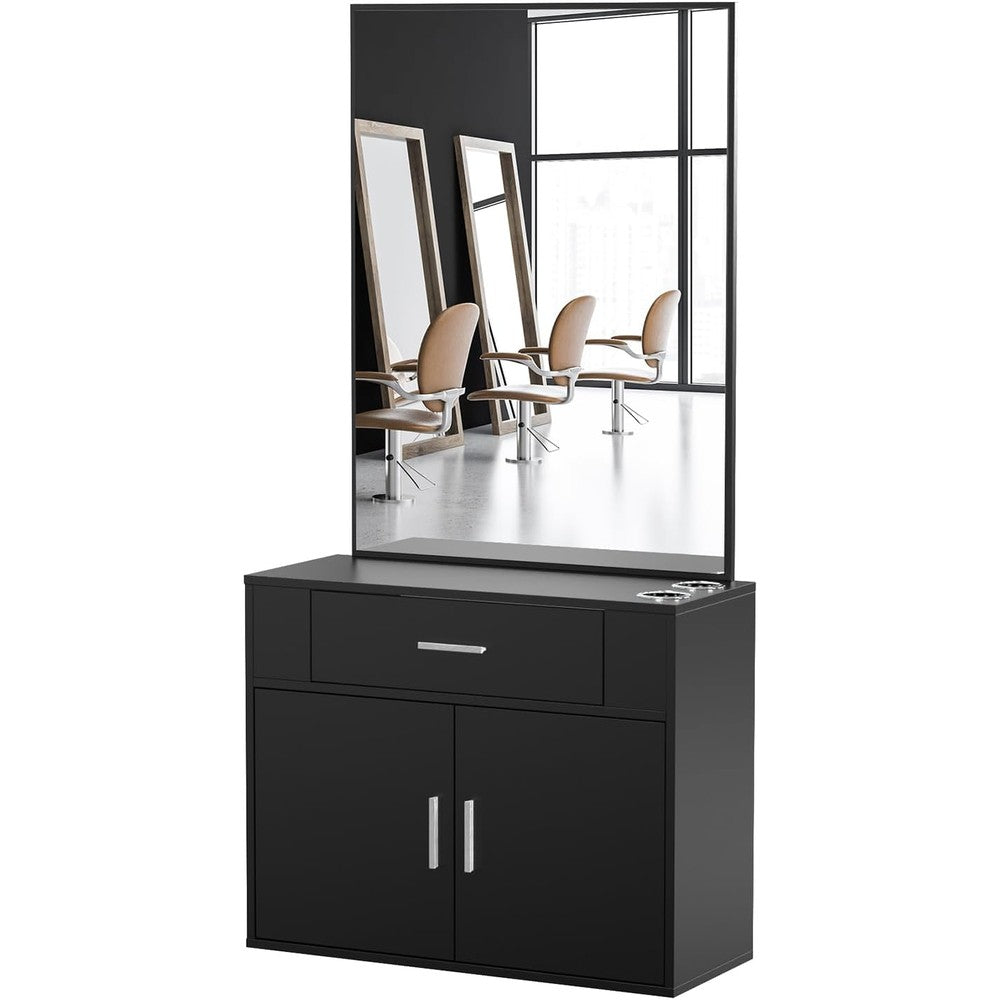 OmySalon Wall Mount Salon Station with Mirror, Hair Styling Barber Station, Beauty Salon Spa Equipment with 1 Drawer, 1 Storage Cabinet, 2 Hair Dryer Holders, Black