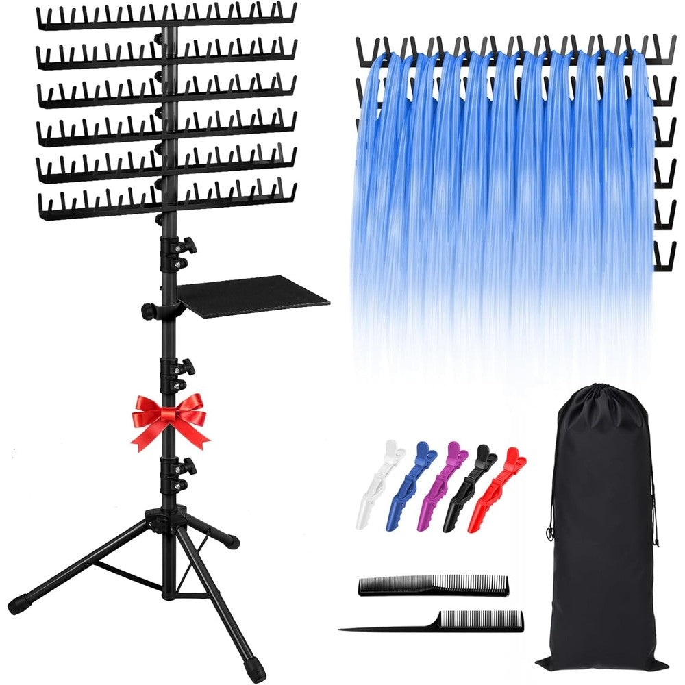 Klvied Braiding Hair Rack Standing 144 Pegs, Height Adjustable Hair rack, Heavy Duty Braid Racks with Tray and Carrying Bag, Black (48.2"-62.9")