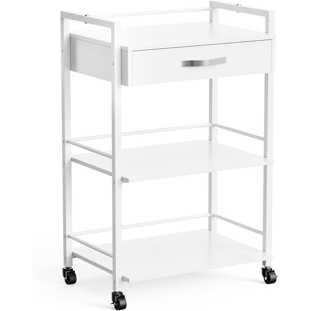 OmySalon Salon Trolley Cart with Wheels, Esthetician Cart with 1 Drawer & 2 Trays, Mobile Storage Organizer for Beauty Spa Massage Tattoo Esthetic Facial Tool Holder Station, White