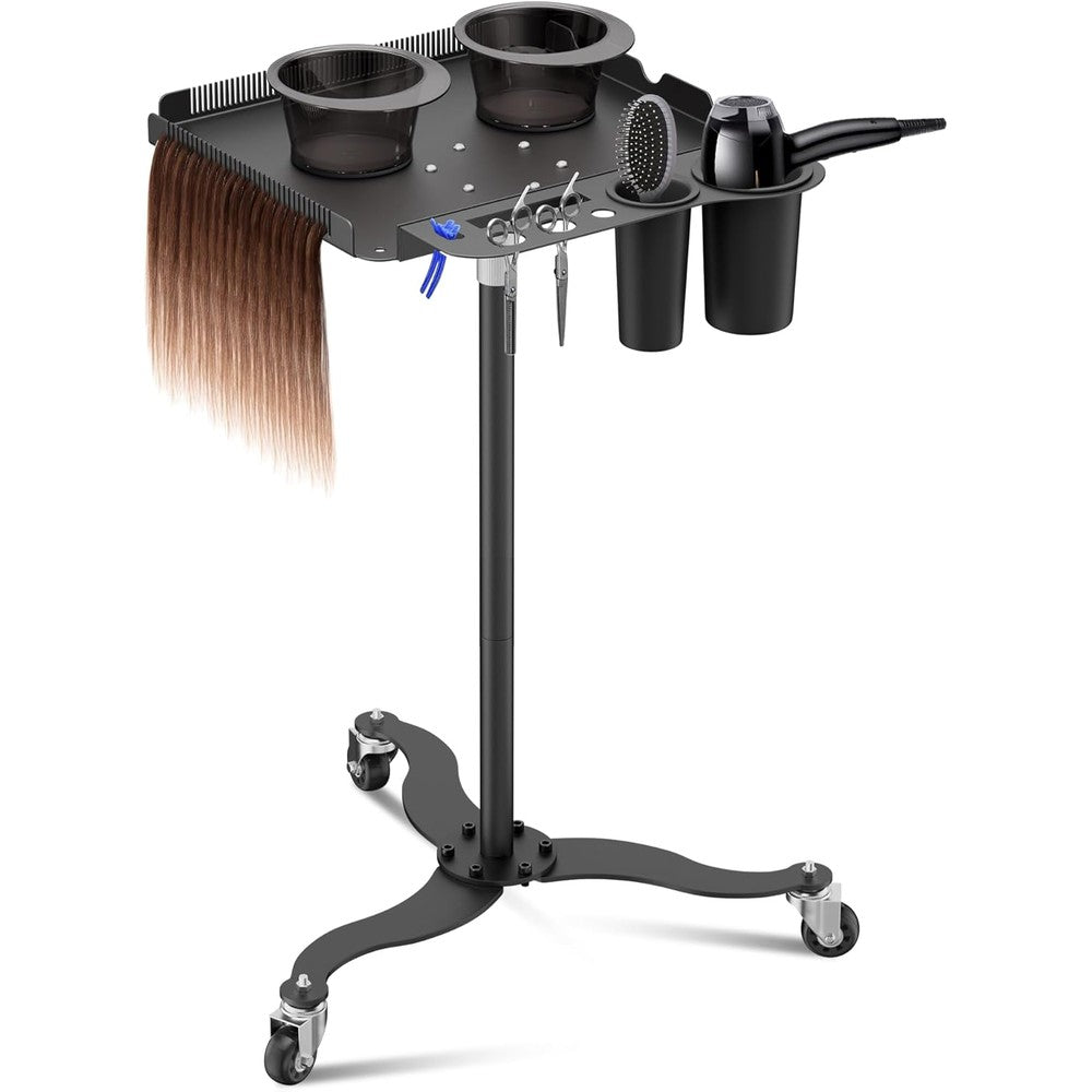 Salon Tray on Wheels,Metal Tray Rolling Cart with 2 Magnetic Bowls,Tattoo Tray, Salon Station with Hairstylist Holder and Hair Separator Stand,Multi-Function Adjustable with Wheels