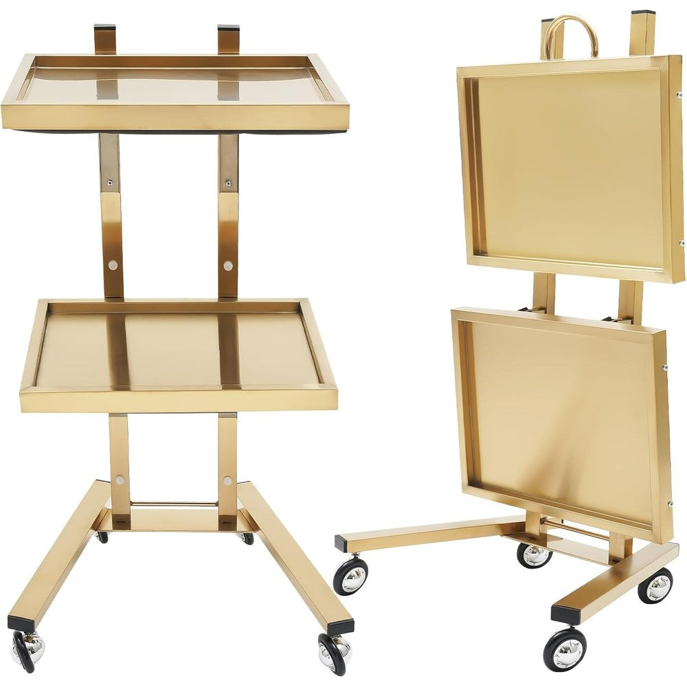 2 Tier Metal Rolling Cart, Stainless Steel Salon Tray with Wheels, Foldable Utility Carts, Folding Salon Tray Trolley for Tattoo (Golden)