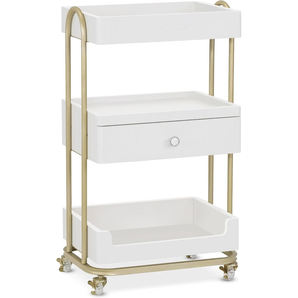 BarberPub Salon Trolley Cart with Lockable Wheels, Stylist Trolley with 3 Shelves, Salon Storage Cart for Beauty Shop, Barber Shop, Spa 2086 (White&Gold)