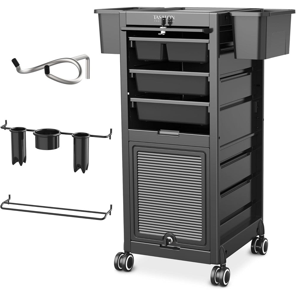 TASALON Professional Rolling Salon Cart, 6-Drawer Storage Trolley with Tool Holders, 33-Inch Height,Barber Shop Hairdressing Beauty Versatile Equipment Black