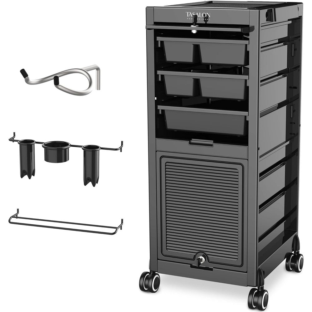 TASALON Professional Salon Trolley Cart, 6 Drawers with Dividers, Lockable Storage,Versatile Salon Cart for Hair Stylist, Hair Tool Holders, Black
