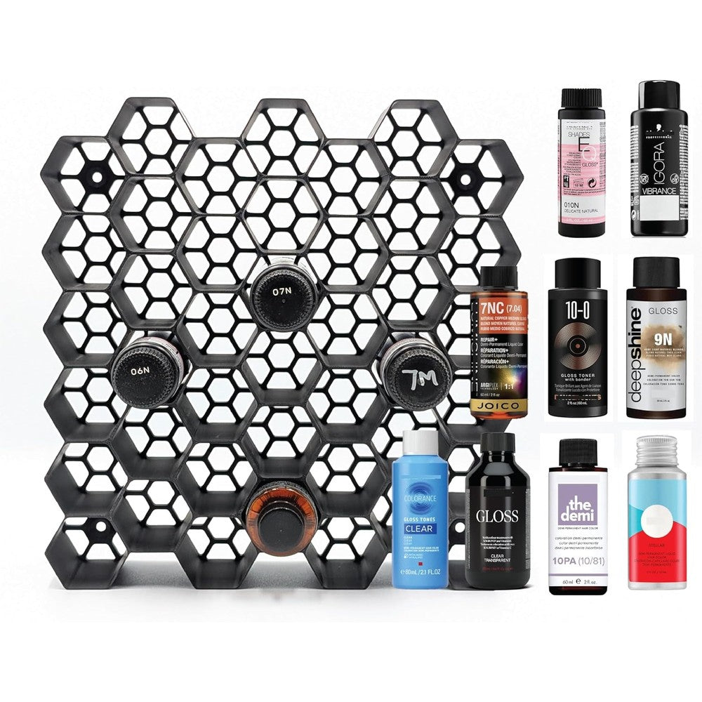 Markvicka Designs Large Bottle Organizer for Shades EQ, Lumishine, Gloss Toner, Deepshine Xpress, Colorance, Demi-Permanent, Igora Vibrance | Hexagon Organizer | Stackable & Wall-Mount Salon Decor