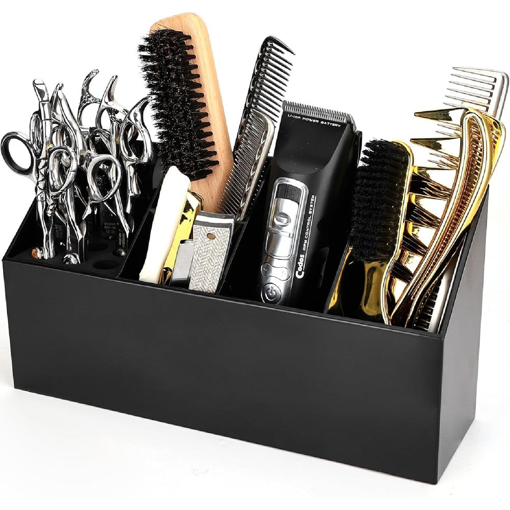 BARBERTOP scissor holder barber station organizer front view featuring matte black multi-compartment storage box.