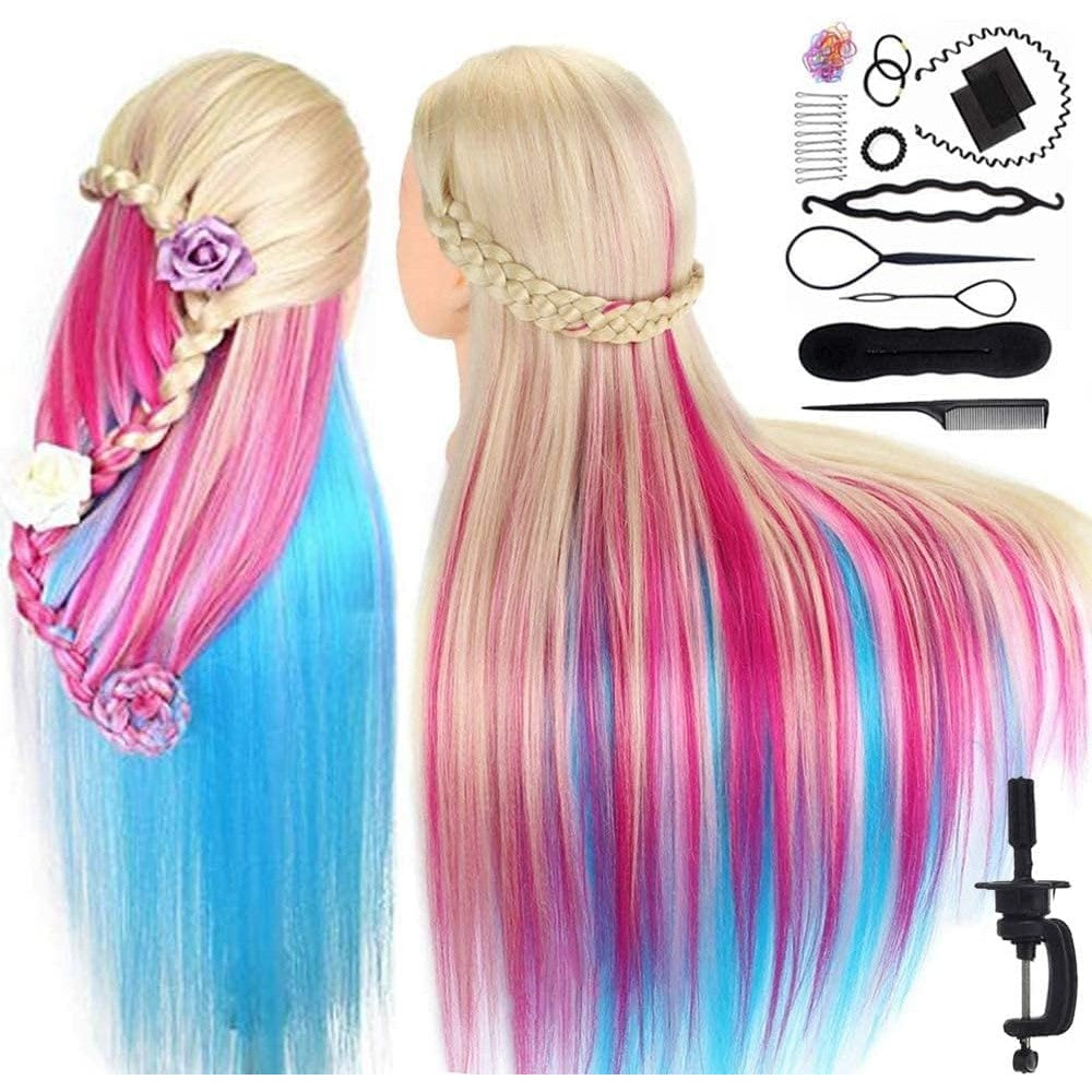 MYSWEETY colorful hair mannequin head front view with rainbow synthetic hair for cosmetology training