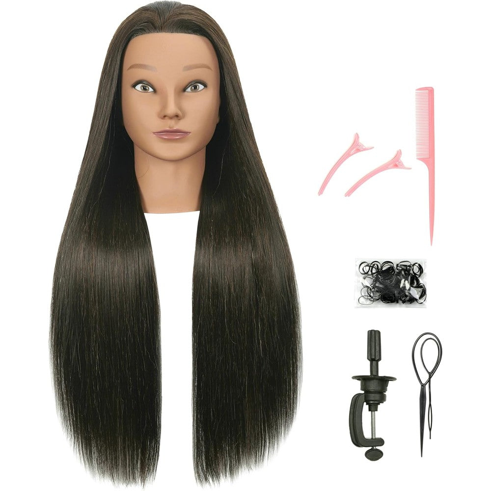 7CATS 30 Inches Long Brown Human Hair Mannequin Head front view for cosmetology styling practice.