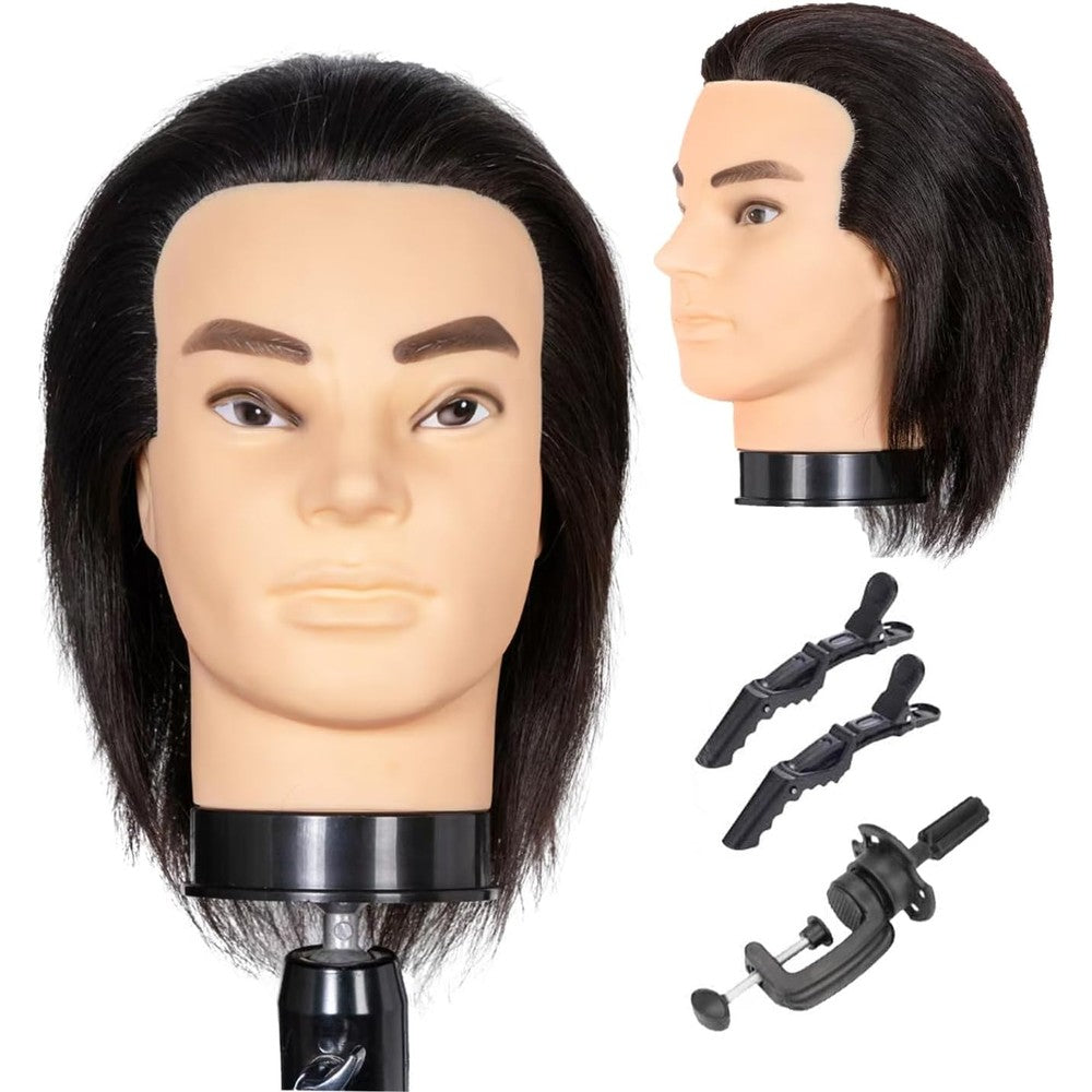 HAIRWAY Male Mannequin Head front view showing authentic black human hair for professional barber practice.