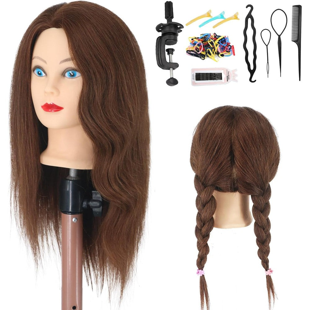Amyqueen mannequin head human hair front view displaying realistic facial features and high density brown hair for professional cosmetology training.