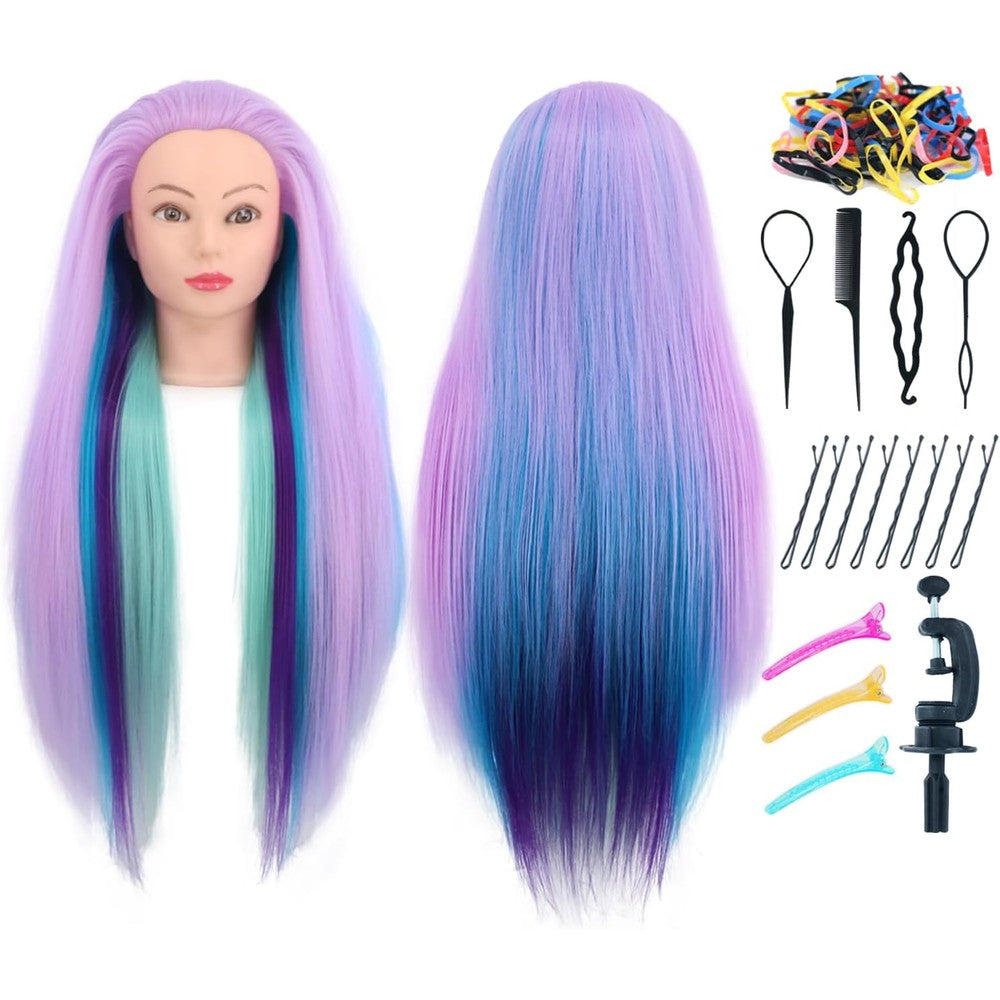 Eumos Mannequin Head front view displaying twenty-nine inch colorful synthetic hair for cosmetology styling practice.