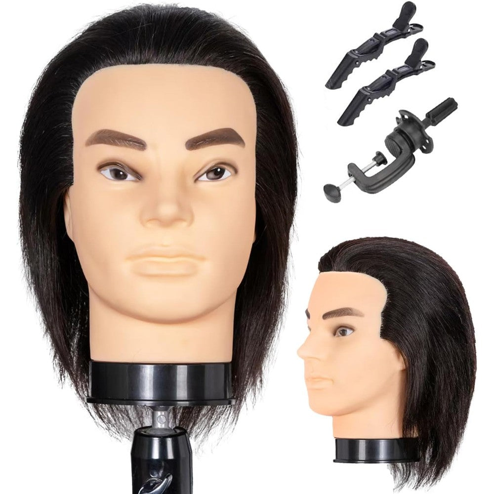 Amyqueen male mannequin head with human hair front view for professional barber training.