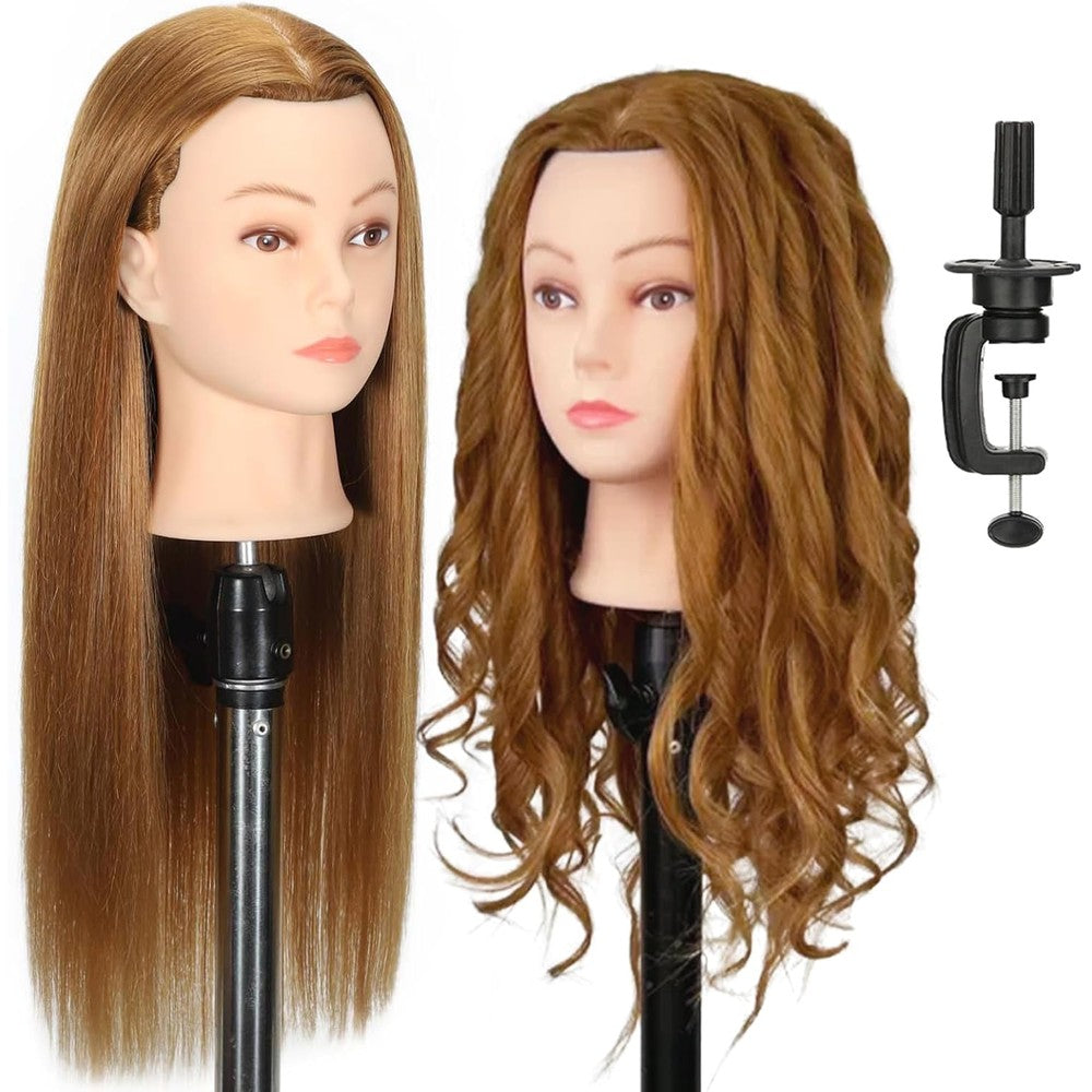 MQHIHI Mannequin Head Human Hair front view showcasing 22 inch light brown hair blend