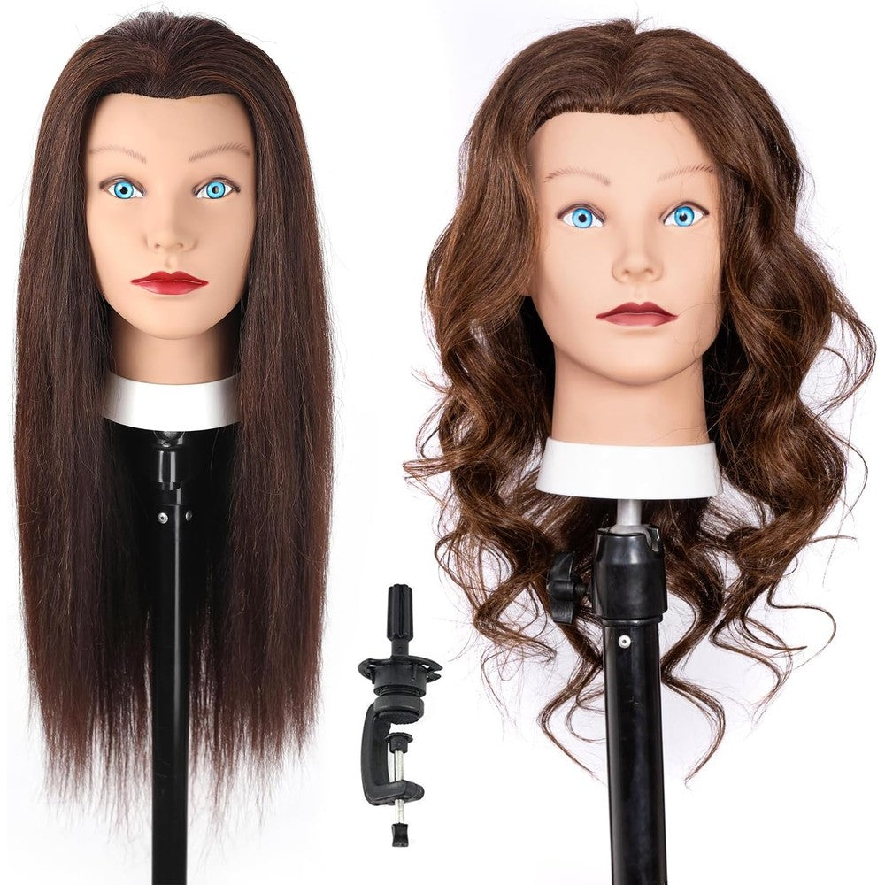 Stancia mannequin head front view showing long brown human hair for cosmetology practice
