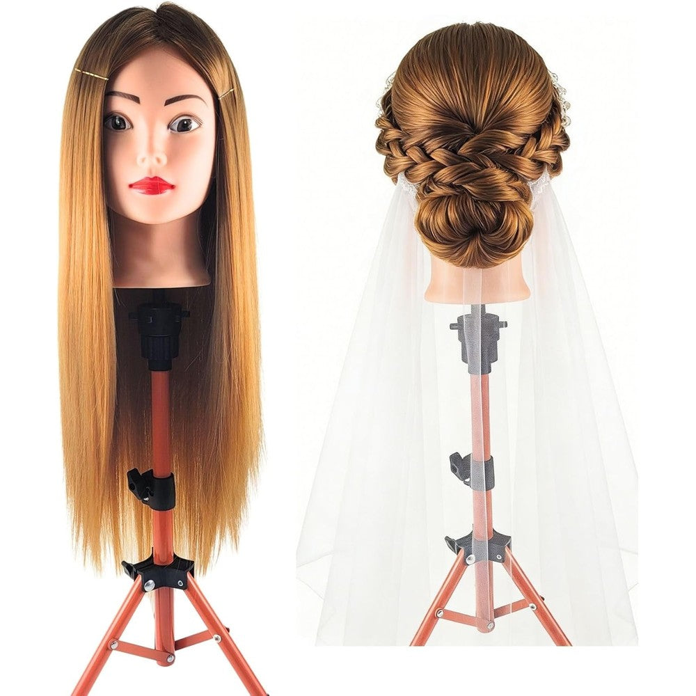 Leticia cosmetology practice long hair mannequin head front view showing twenty eight inch straight blonde hair for styling training