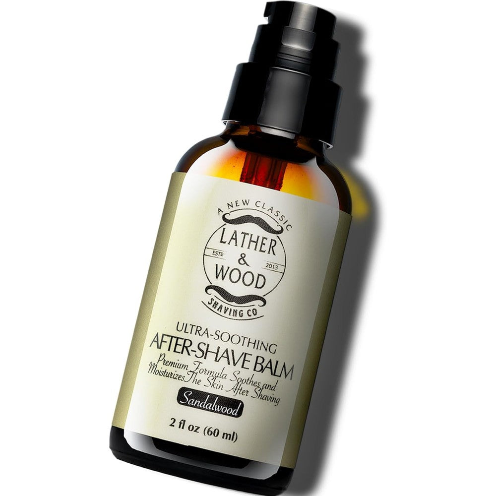 Lather And Wood Shaving Company Sandalwood Aftershave Balm front bottle view premium post shave lotion