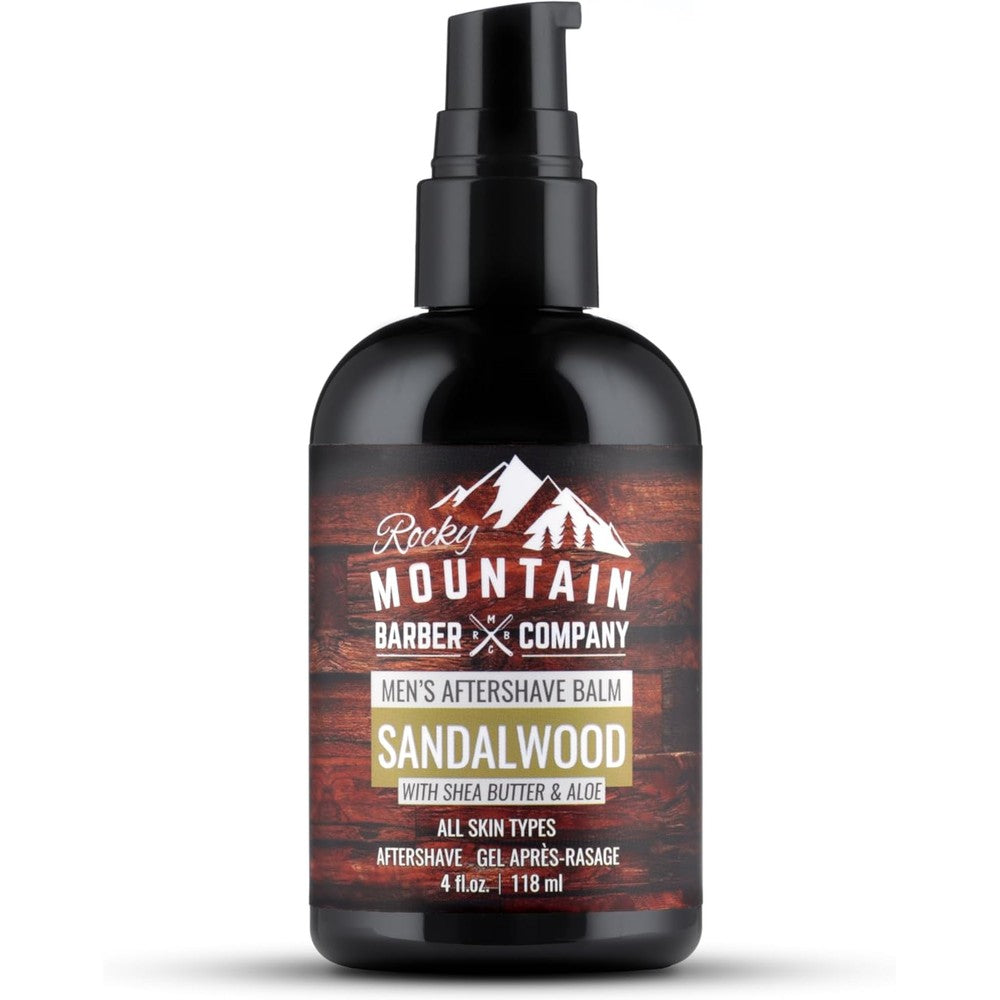 Rocky Mountain Barber Company Aftershave Balm front view showcasing premium sandalwood branding.