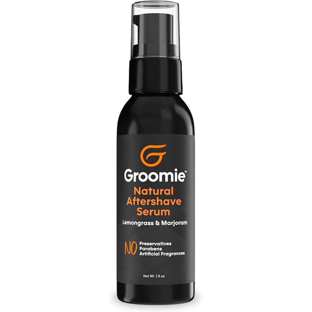Groomie Natural Aftershave Serum front view of one ounce bottle with pump dispenser for premium head shaving care.