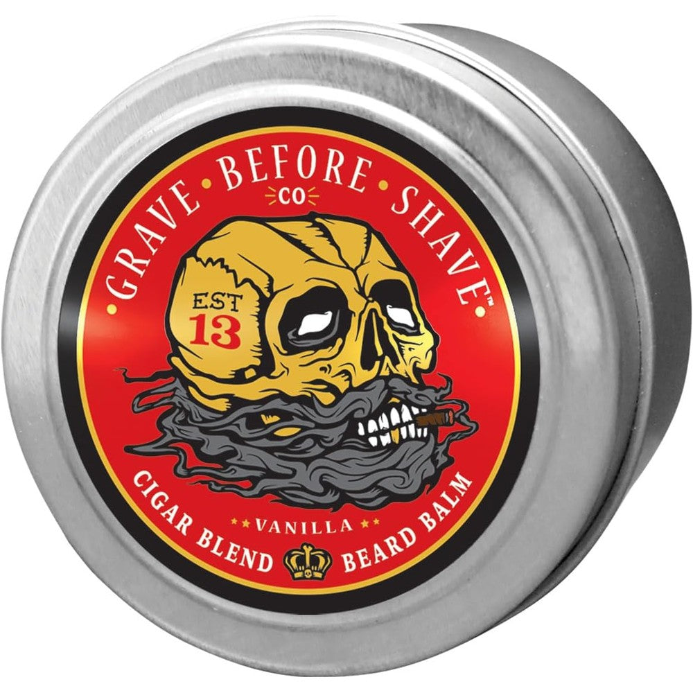 Grave Before Shave Cigar Blend Beard Balm four ounce tin front view authentic USA imported grooming product