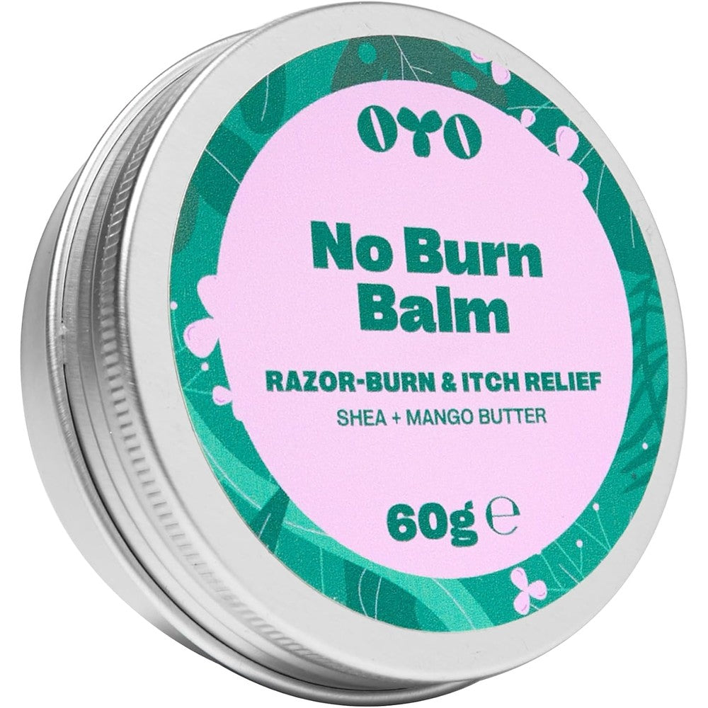 OYO No Burn Balm front view of the 60 grams container showing the branding for intimate razor burn relief.
