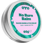 OYO No Burn Balm front view of the 60 grams container showing the branding for intimate razor burn relief.