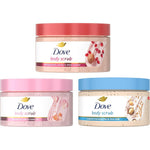 Dove Mixed Body Scrub Trial Pack front view showing three premium exfoliating jars.