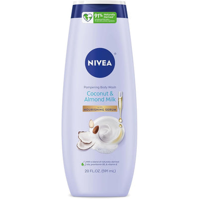 NIVEA Pampering Coconut and Almond Milk Body Wash with Nourishing Serum, Moisturizing Body Wash for Women, Enriched with Provitamin B5 and Vitamin E, 20 Fl Oz Bottle