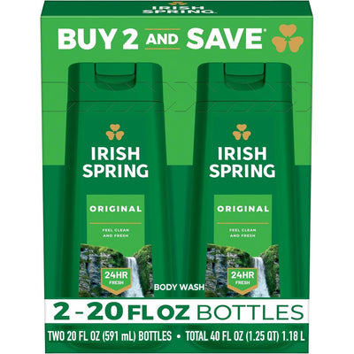 Irish Spring Original Moisturizing Body Wash for Men, 24-Hour Fresh, Face and Body Wash, Men’s Body Wash, Biodegradable Ingredients, Paraben Free, Cool Fresh Scent, 20 fl oz Bottle (2 Pack)