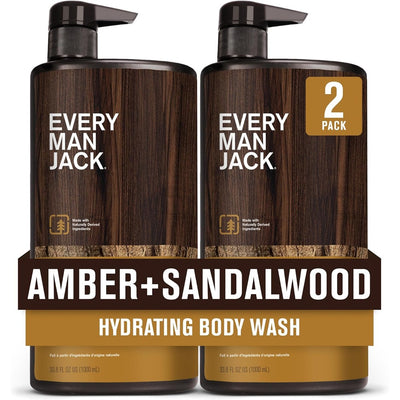 Every Man Jack Nourishing Amber + Sandalwood Mens Body Wash for All Skin Types - Cleanse, Nourish, and Hydrate Skin with Naturally Derived Coconut, Glycerin - 33.8 fl oz - 2 Bottles