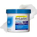 AmLactin Intensive Healing Therapeutic Body Cream front view of 12 ounce tub showing brand logo and main ingredients.