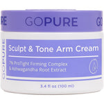 goPure Sculpt and Tone Arm Cream front view of jar showcasing the firming and tightening product label.