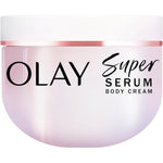 Olay Super Serum Body Cream front view of the ten fluid ounce tube packaging.