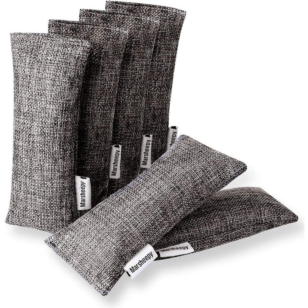 Marsheepy 6 Pack Activated Charcoal Odor Absorber Bags front view for shoe deodorizing.