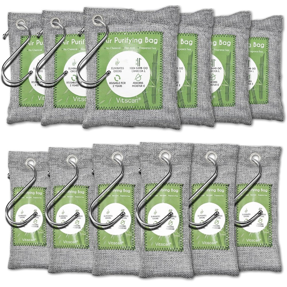 Vitscan 12 Pack Bamboo Charcoal Air Purifying Bags front view on white background