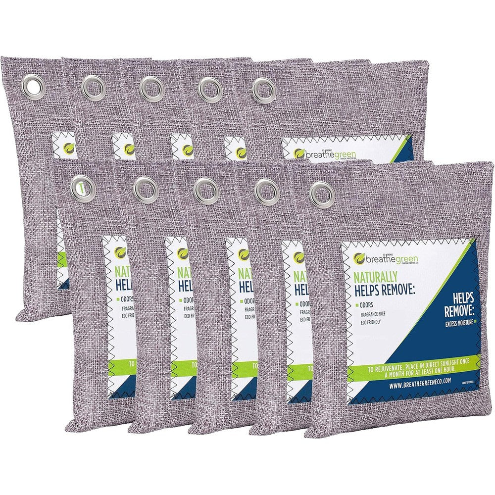 Green Breathe Eco Activated Bamboo Charcoal Odor Absorber 10-Pack front view air purifying bags.