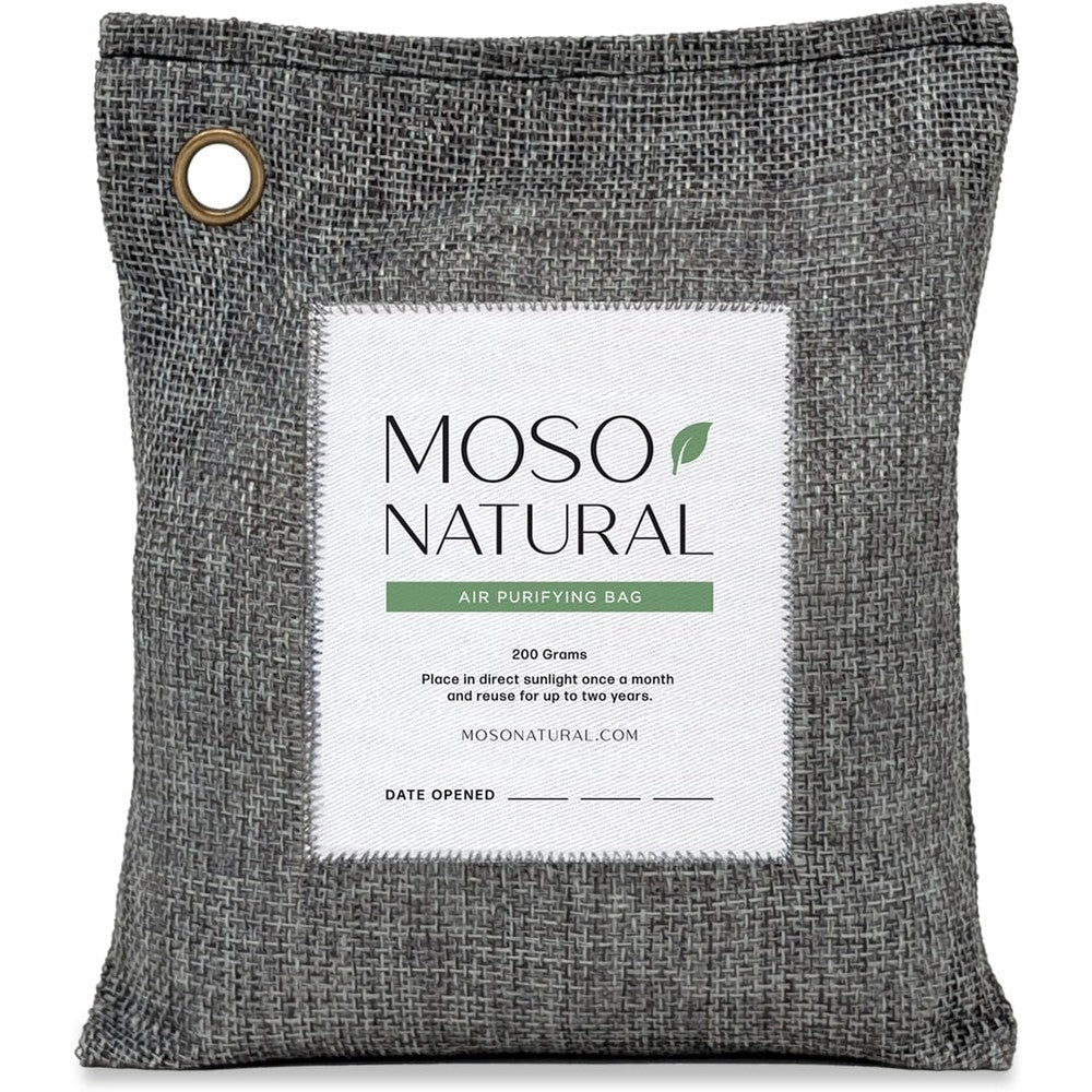 Moso Natural Air Purifying Bag 200g charcoal grey front view activated charcoal deodorizer.