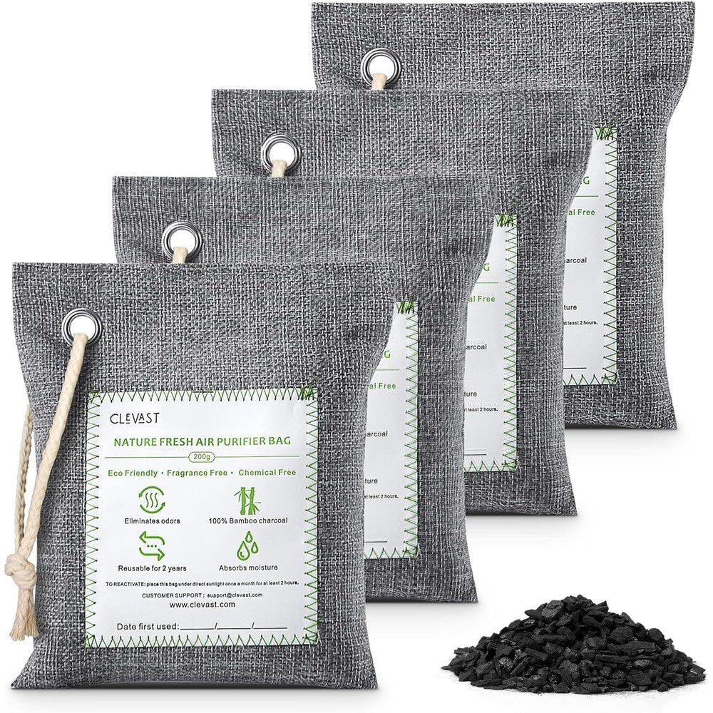 CLEVAST Bamboo Charcoal Air Purifying Bags front view of four pack kit