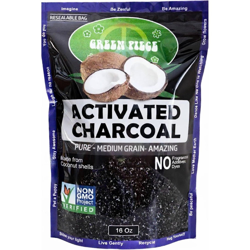 Green Piece Activated Charcoal 16 Ounce bag front view natural odor absorber.